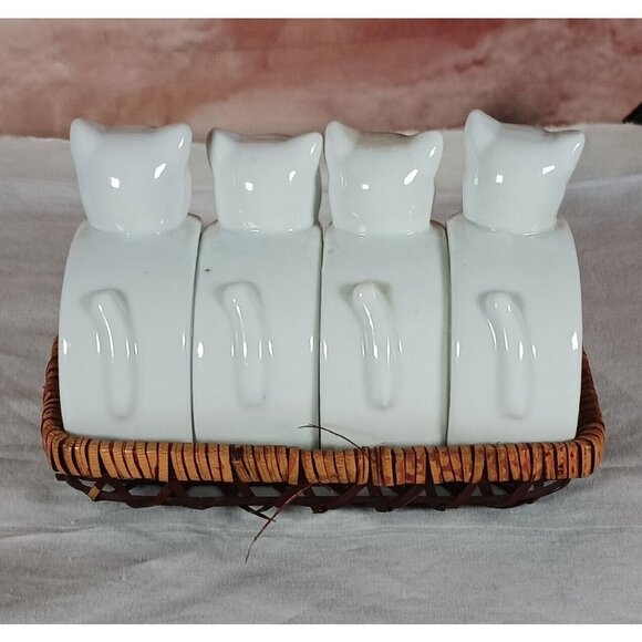 Cat Ceramic White Napkin Ring Set Of 4 with Basket Adorable Kitty Cats Vintage - Picture 2 of 10